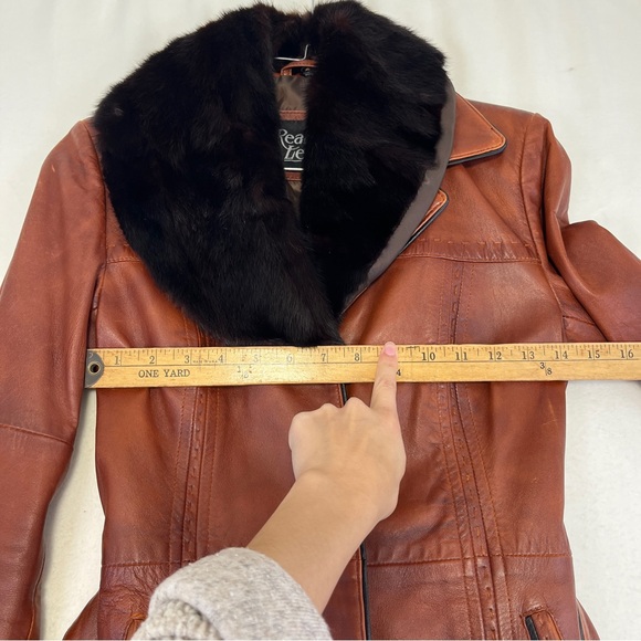Real leather brown vintage jacket with detachable fur collar xxs - Picture 9 of 12